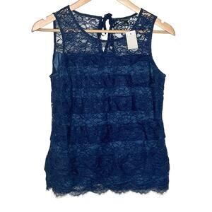 Ann Taylor Lace Sleeveless Top Navy Womens Size XS Sheer Tank Fairy Whimsigoth